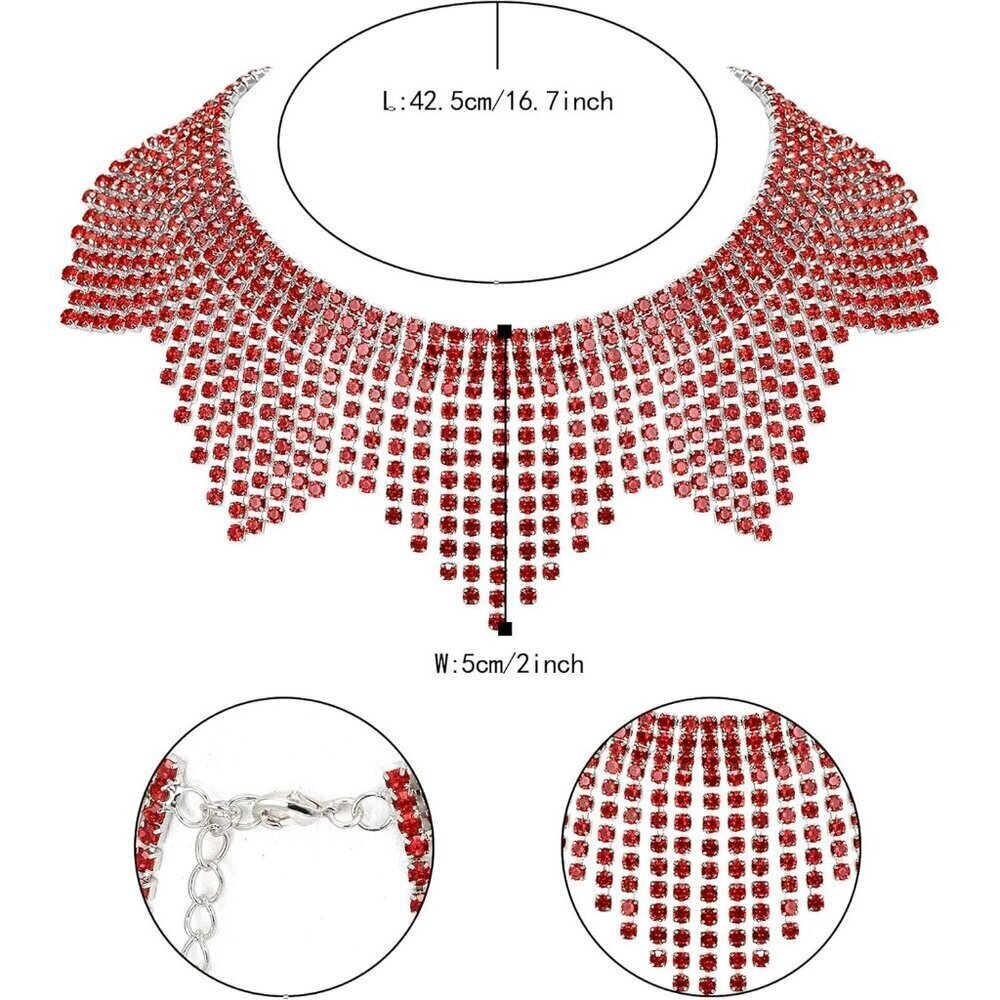 ๐ Women Red Sparkly Choker Necklace Rhinestone Crystal Tassel Chain Jewelry - Picture 7 of 8